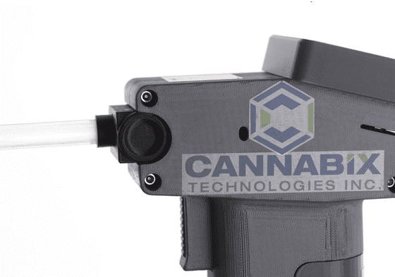 Close-up of a gray device from Cannabix Technologies Inc.