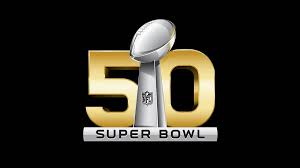 Logo of Super Bowl 50 with a silver Lombardi Trophy.